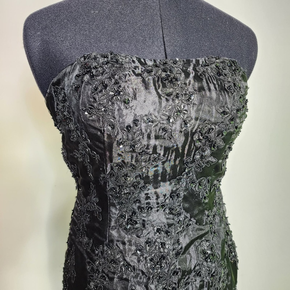 Black Embroidered Beaded Midi Formal Goth Prom Homecoming Strapless Alt Dress - Picture 3 of 10